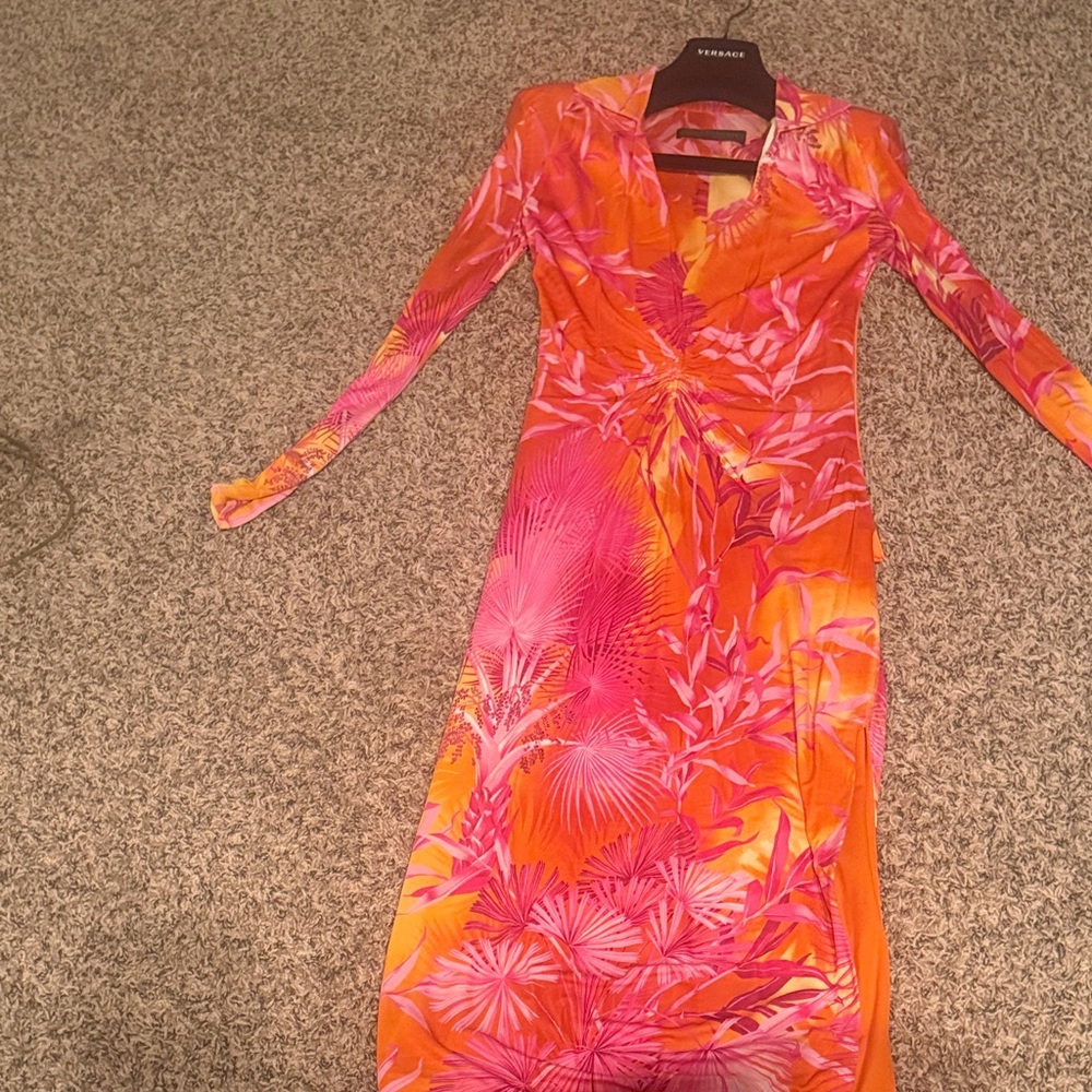 Versace Vibrant Pink and Orange Long Sleeve Dress